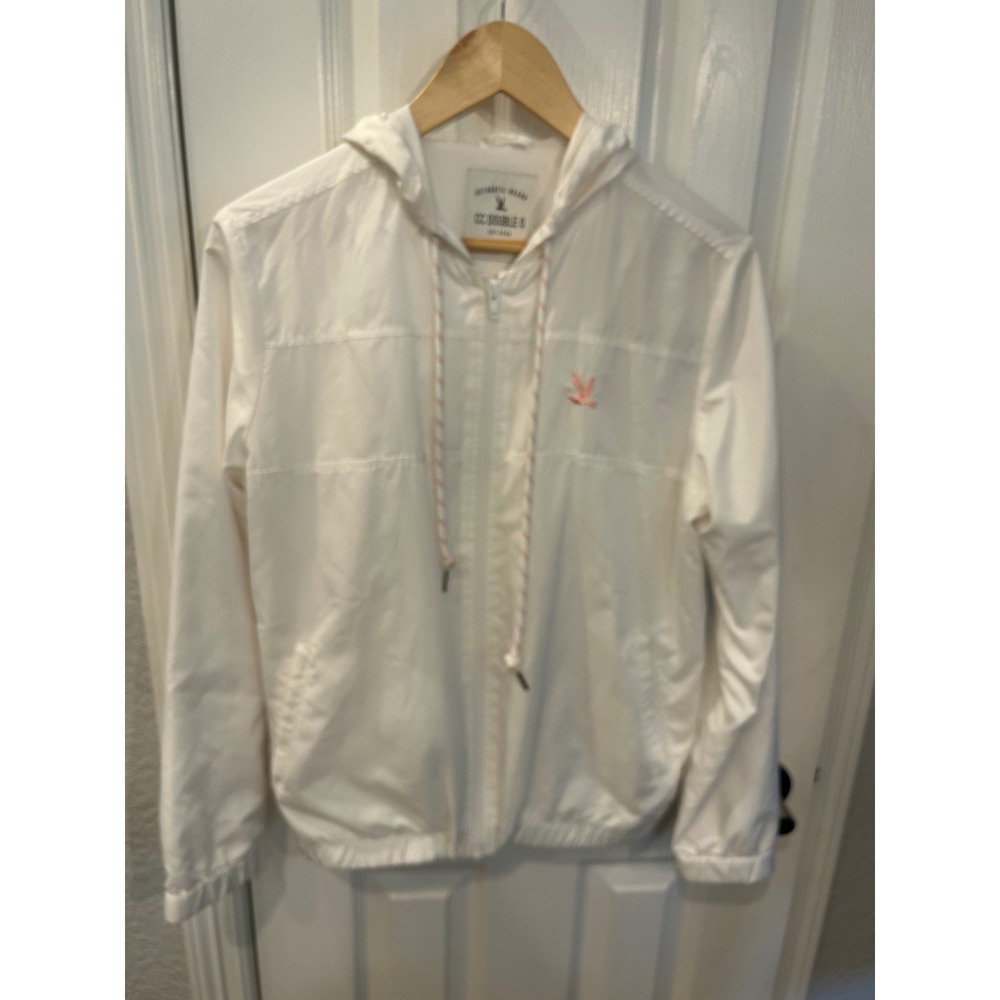 CC Double O Windbreaker Jacket White Hooded Mesh Lined Lightweight Full Zip Coat
